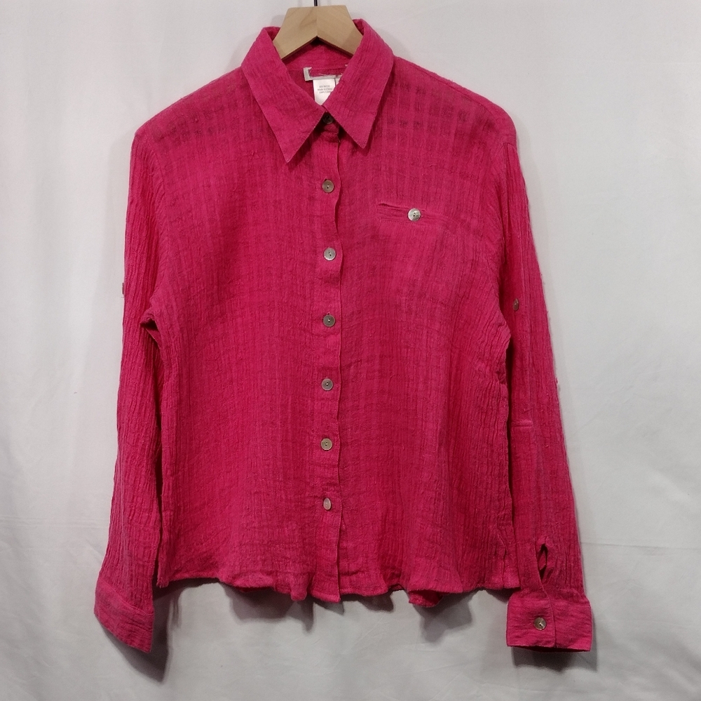 NWOT Coldwater Creek 100% Linen Button Shirt Women's Hot Pink Barbiecore Casual